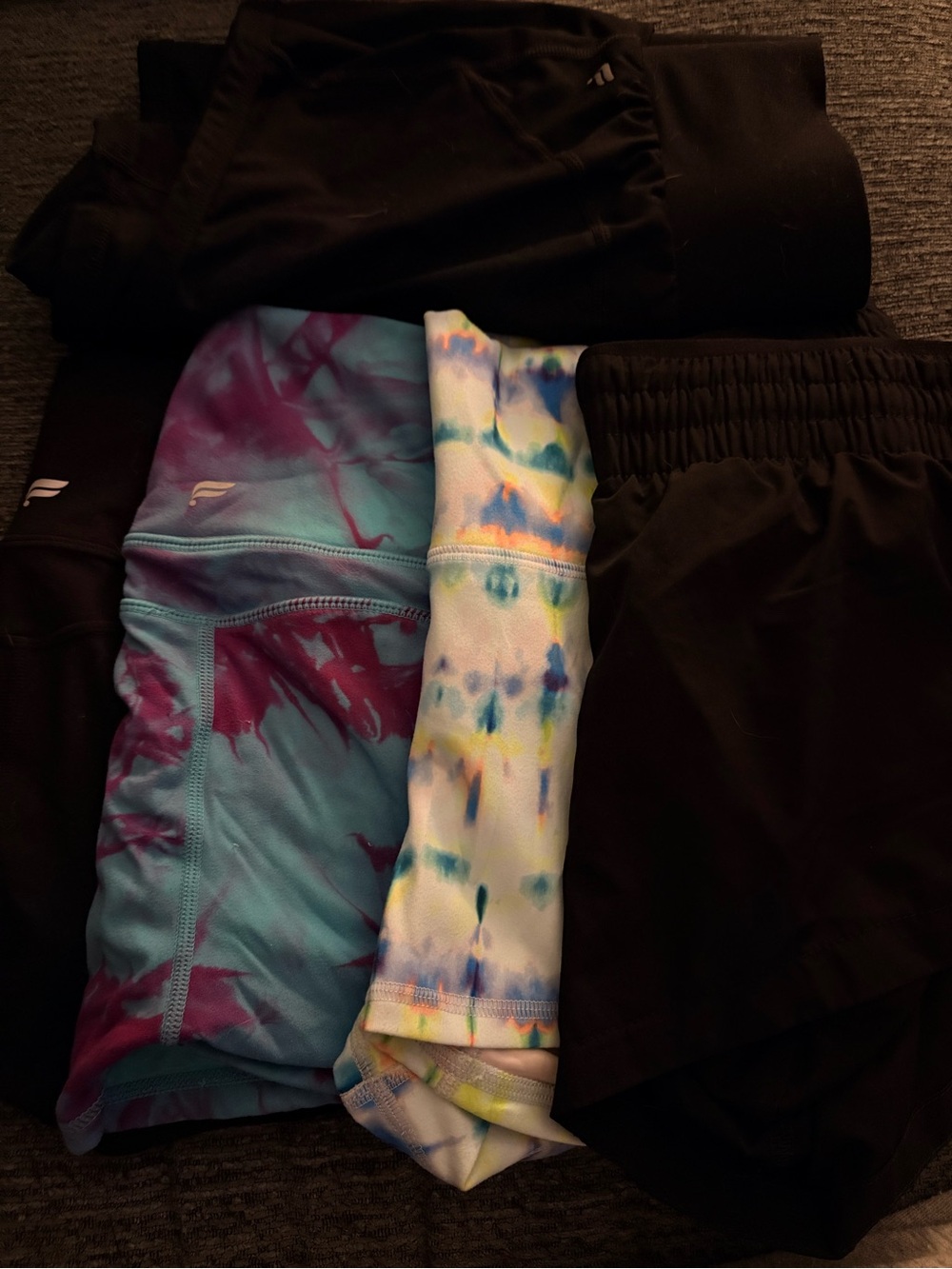 Fabletics Tie-Dye Active Shorts & Leggings Set - Black, Teal, Purple, Yellow